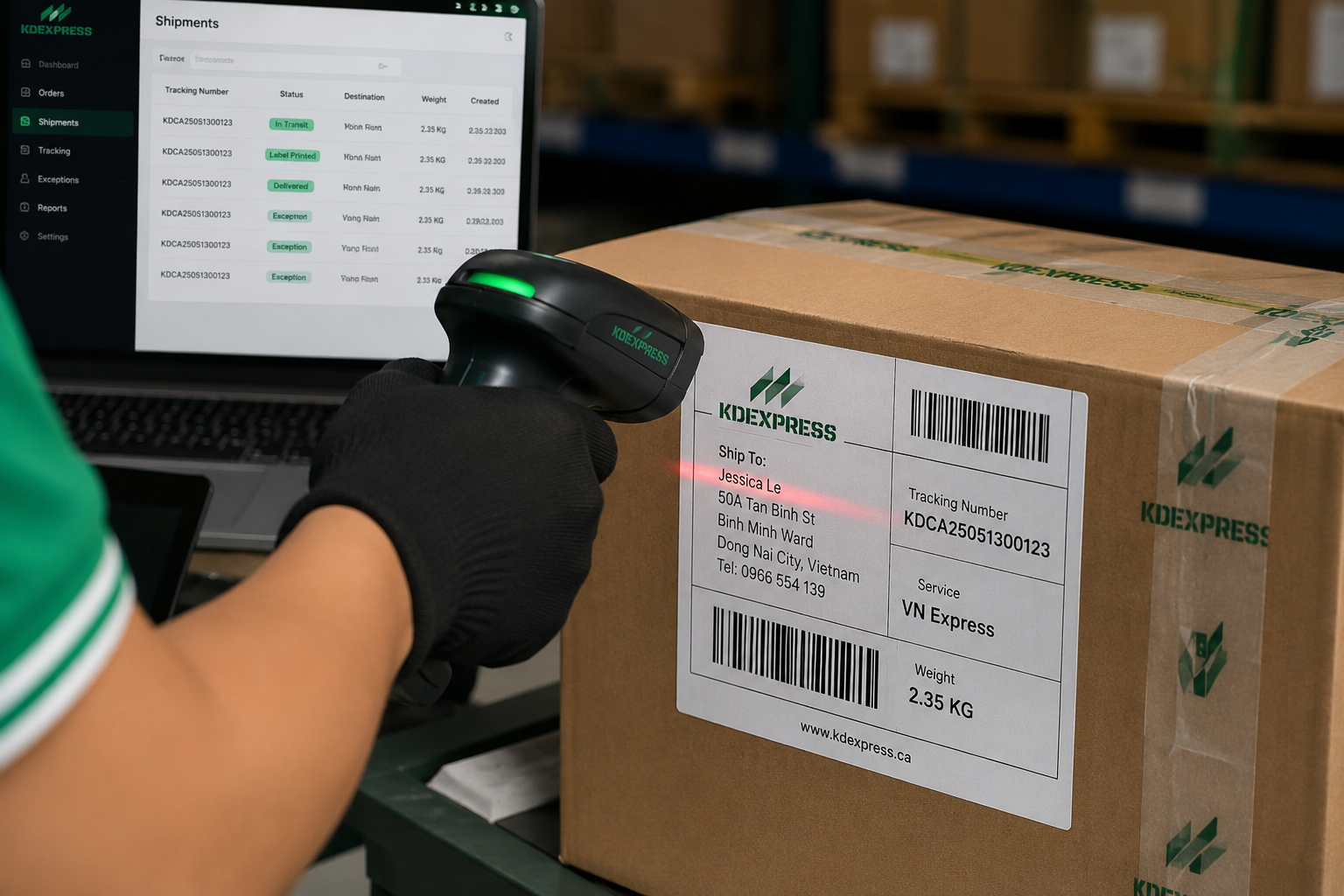 Operator scanning the barcode on a branded KDEXPRESS shipping box