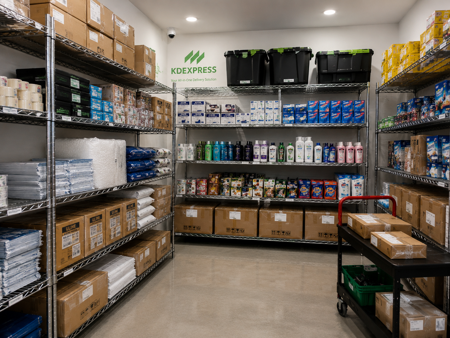 Storage shelves stocked with consumer goods and FMCG SKUs