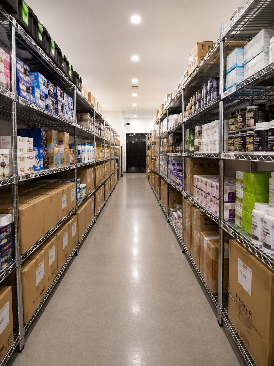 Aisle view of the KDEXPRESS warehouse showing organized rack rows