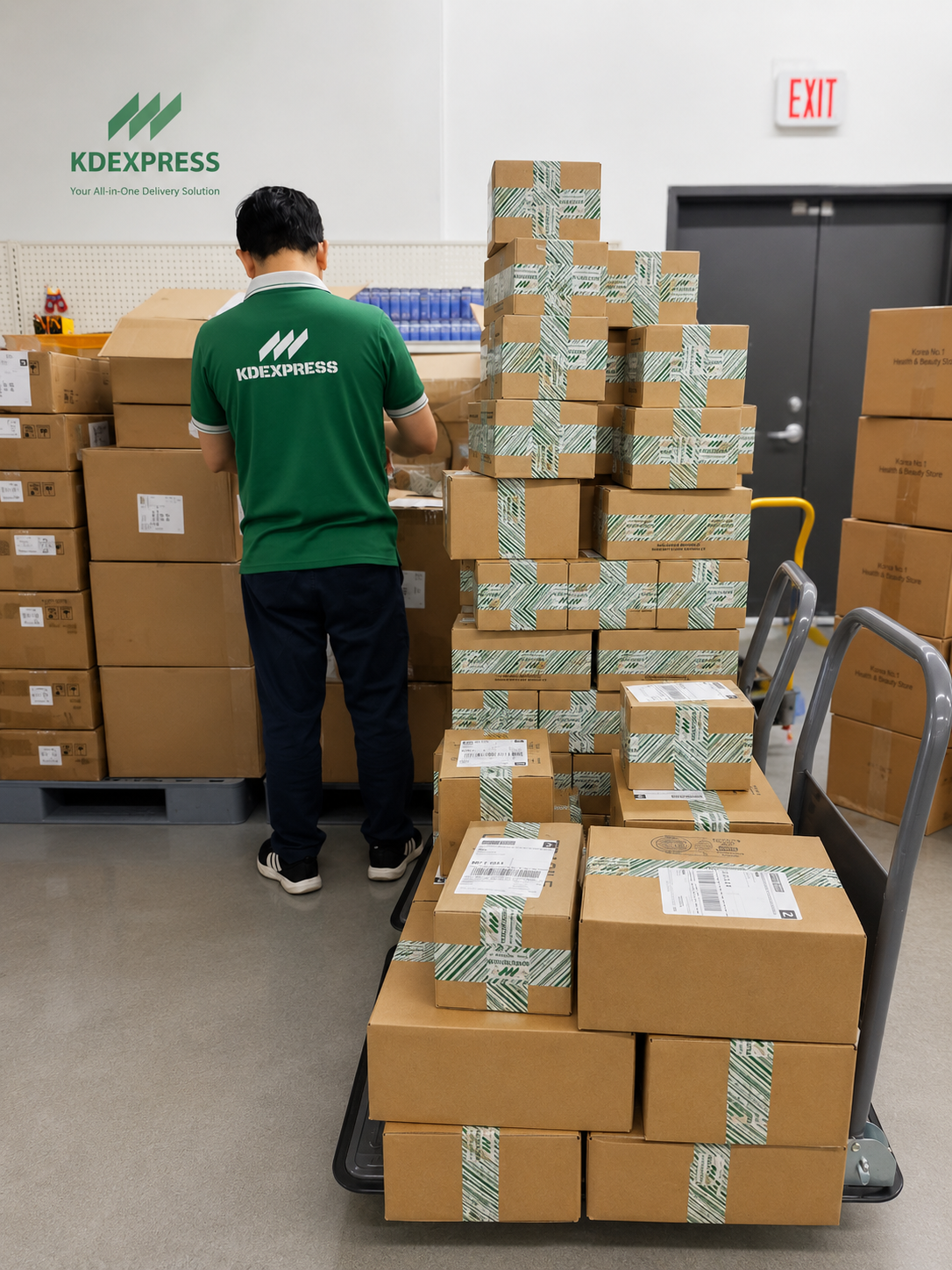 Worker organizing a stack of sealed KDEXPRESS parcels onto a dispatch cart