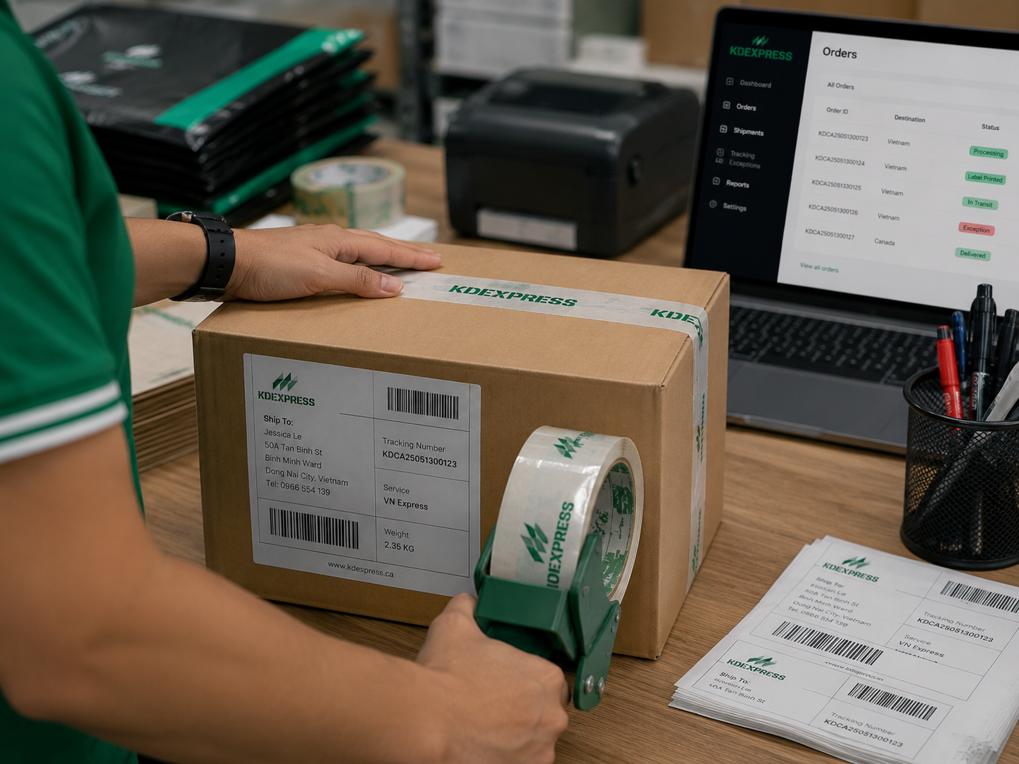 KDEXPRESS team member sealing a labeled parcel with branded packing tape