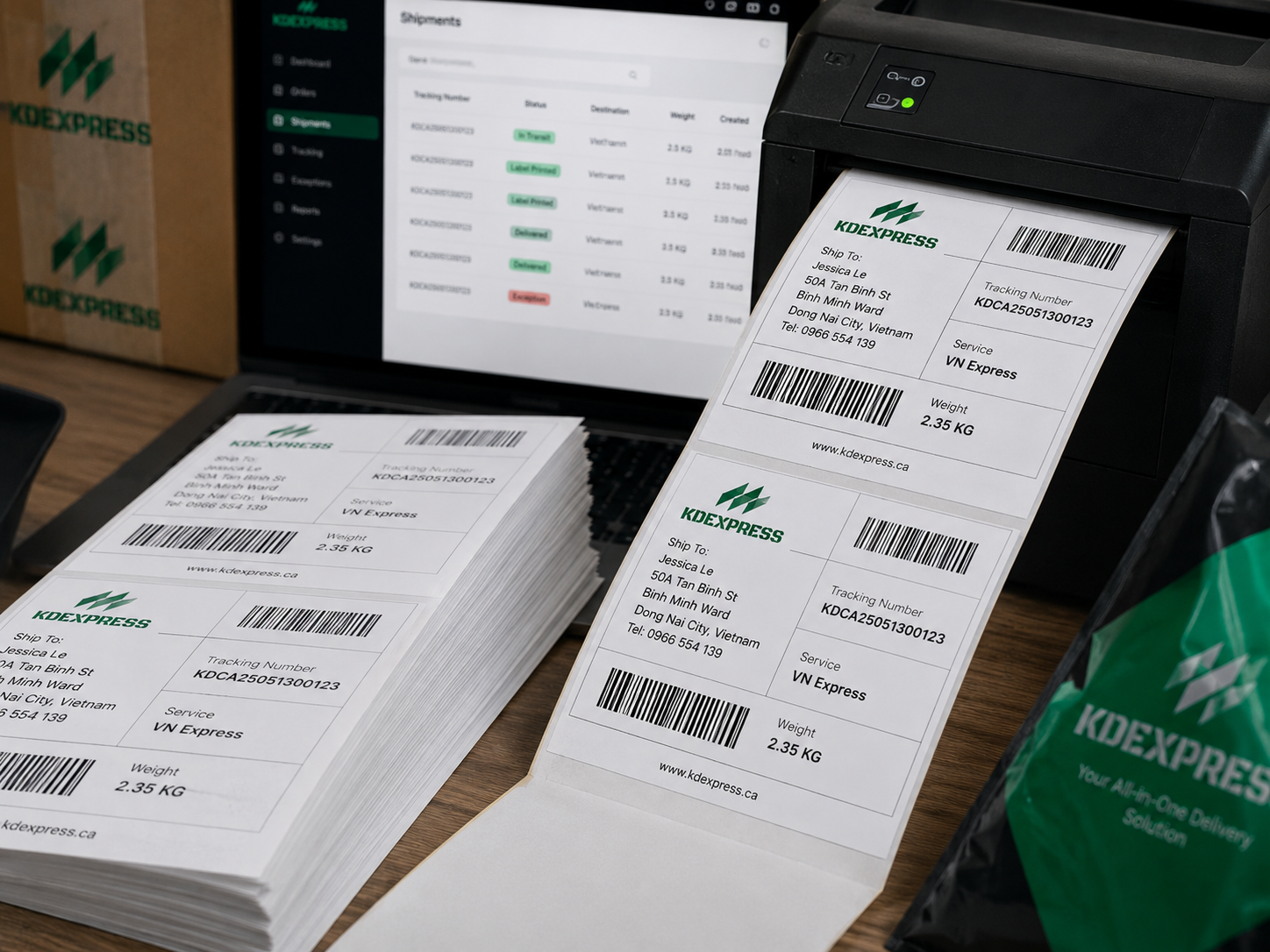 Thermal label printer producing KDEXPRESS branded labels next to the shipments dashboard