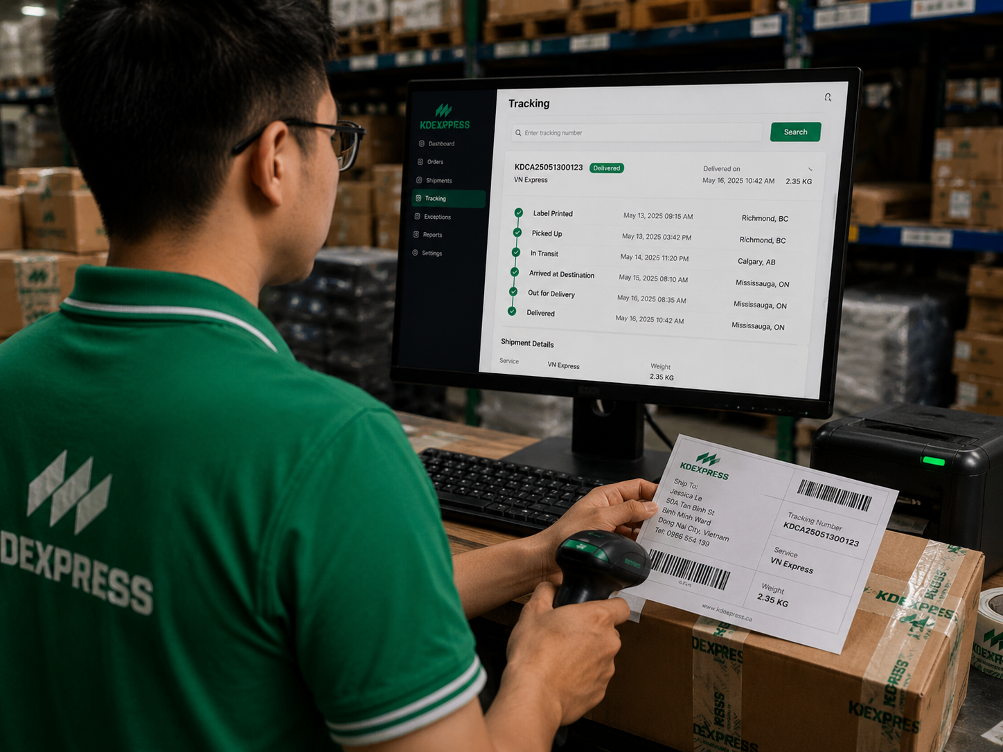KDEXPRESS operator at a clean pack station with the live tracking timeline open on the screen